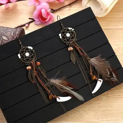 Vintage Bohemian Feather Tassel Earrings - Handmade Ethnic Design