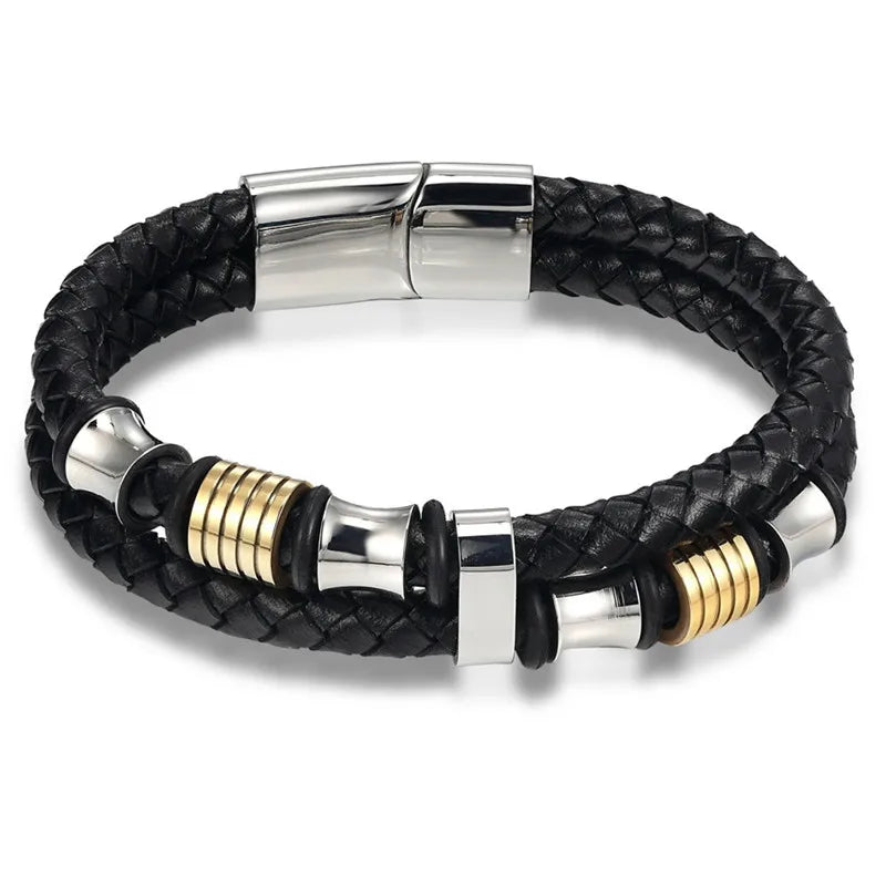 Multilayer Braided Leather Bracelet - Black Genuine Leather