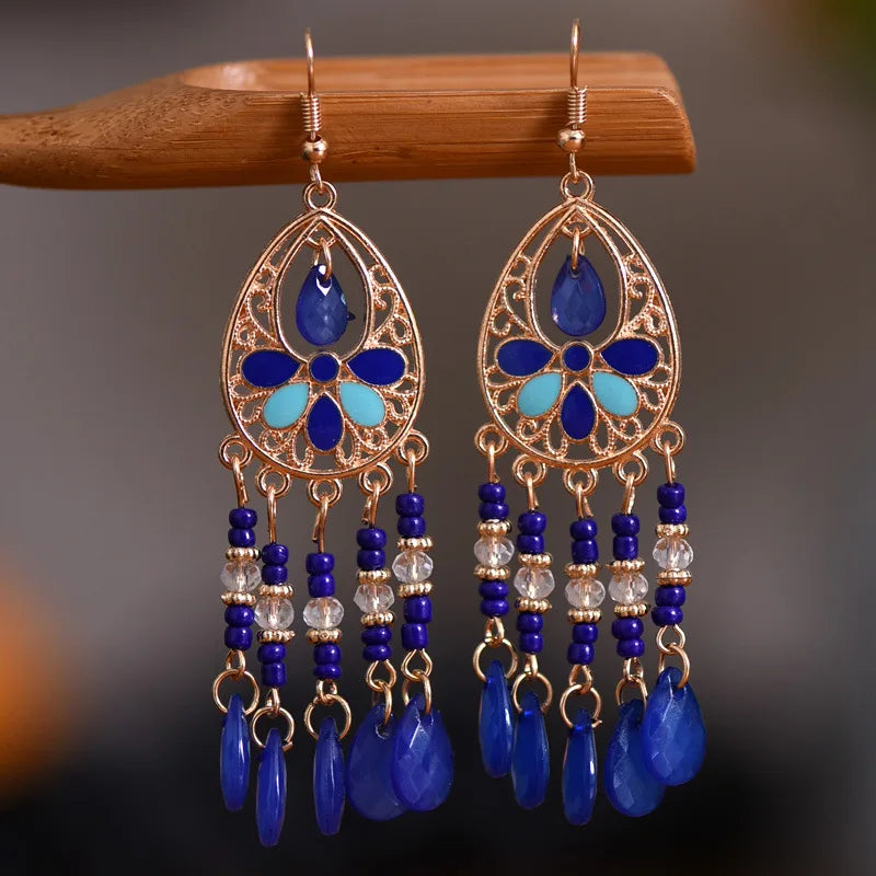 Bohemian Fringed Tassel Drop Earrings - Ethnic Acrylic Design