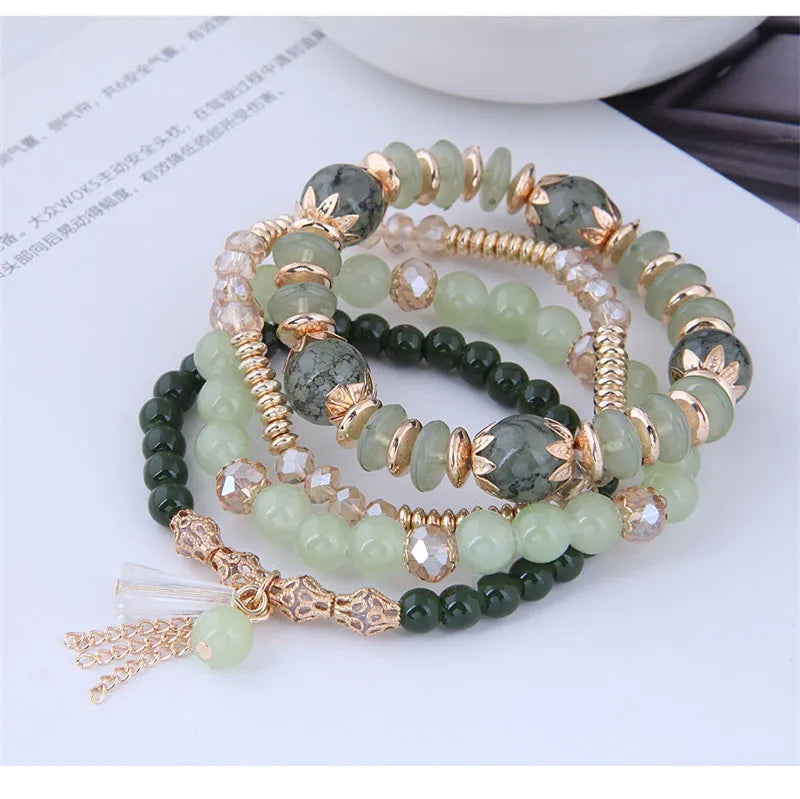 Green Crystal Charm Bracelet - Bohemian Round Design