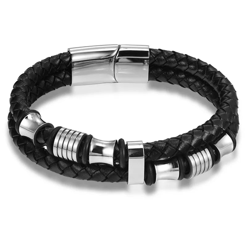 Multilayer Braided Leather Bracelet - Black Genuine Leather