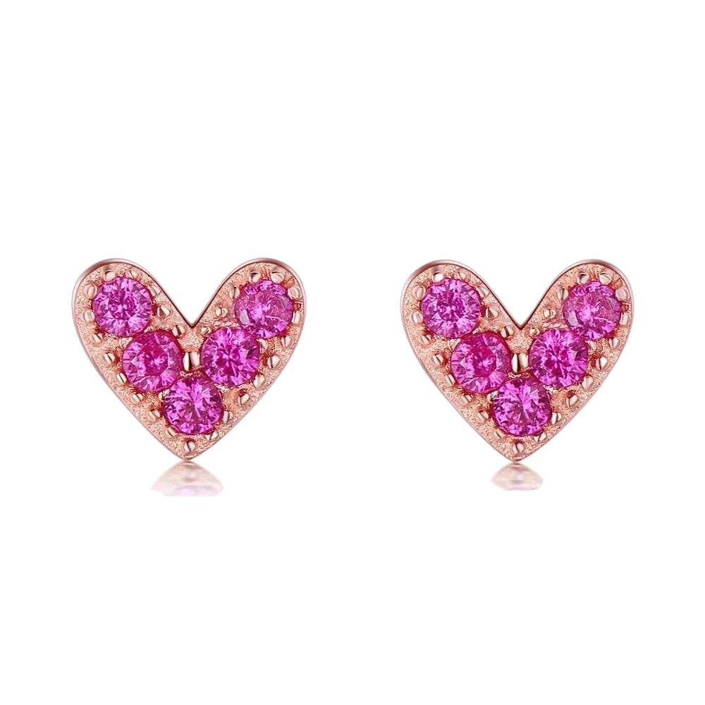Pink Heart Stud Earrings - 925 Sterling Silver with Zircon