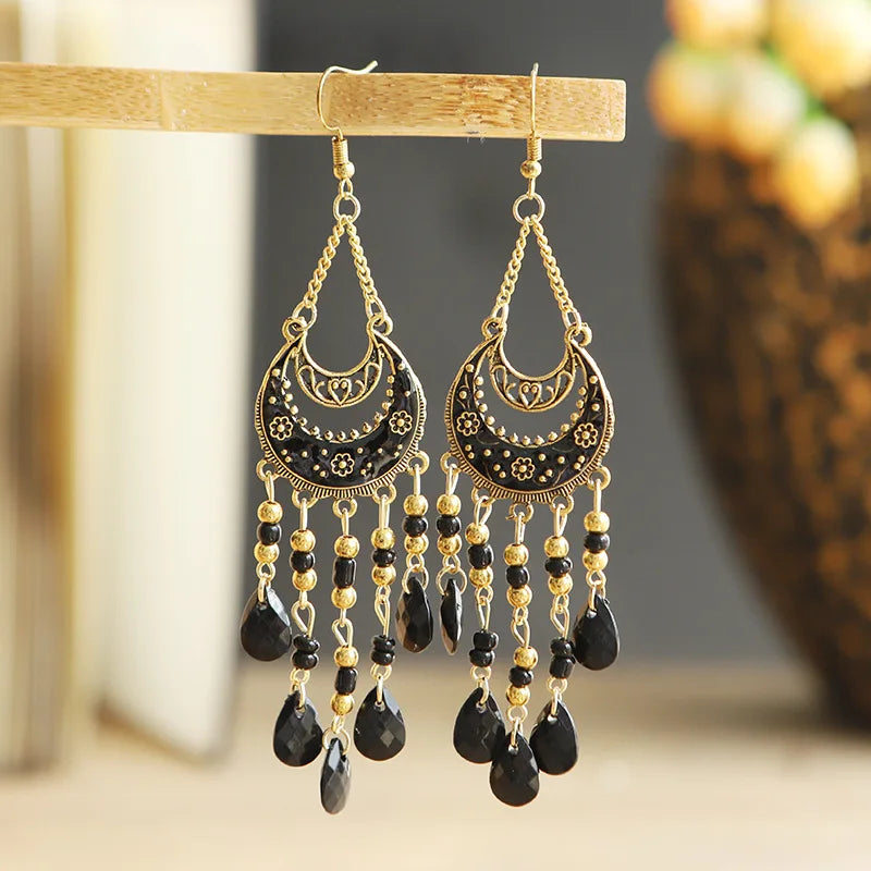 Bohemian Fringed Tassel Drop Earrings - Ethnic Acrylic Design