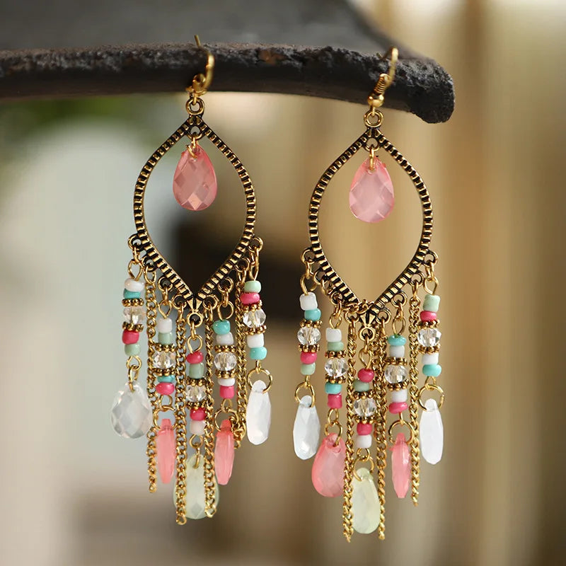 Bohemian Fringed Tassel Drop Earrings - Ethnic Acrylic Design