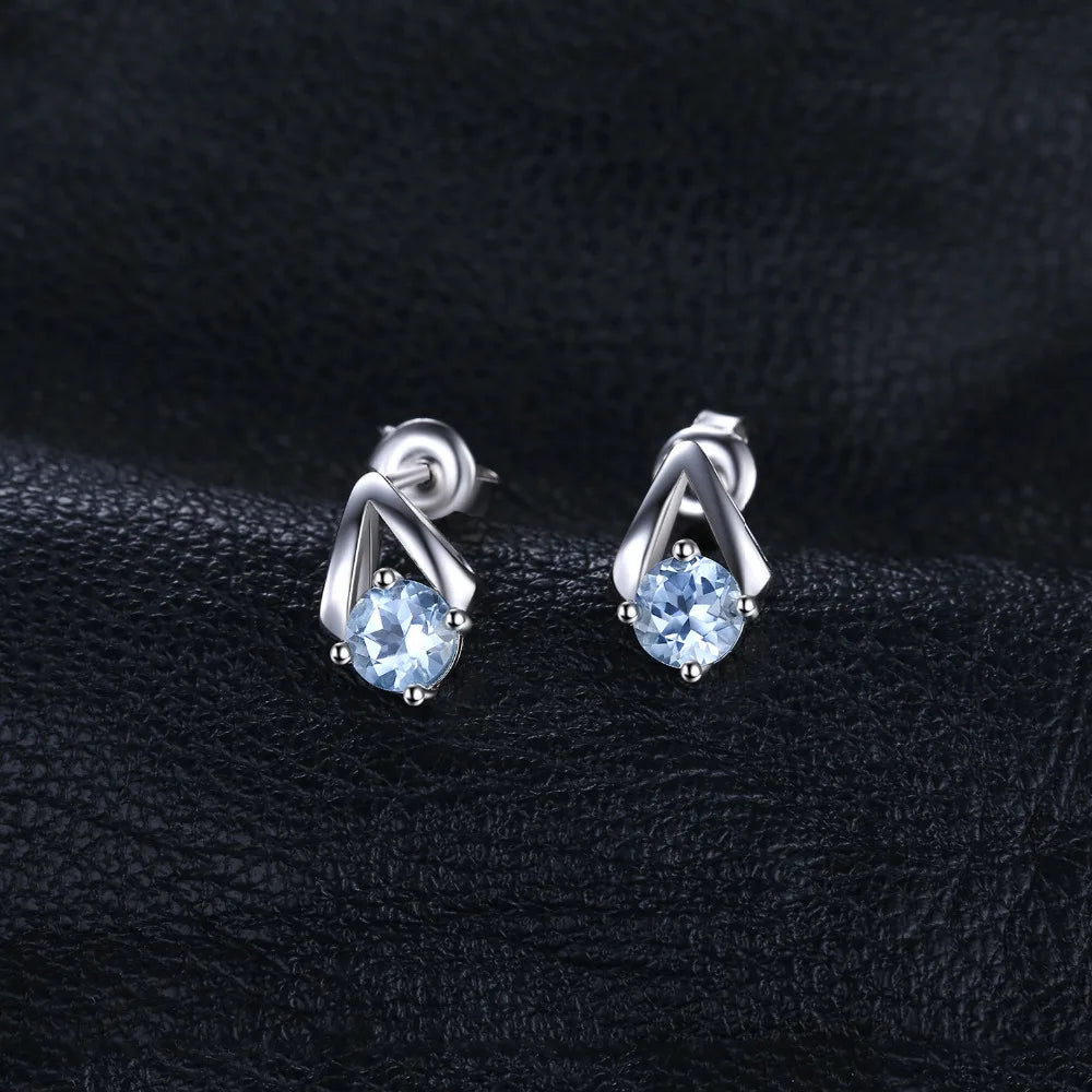 Blue Topaz Stud Earrings - 925 Sterling Silver Round Cut