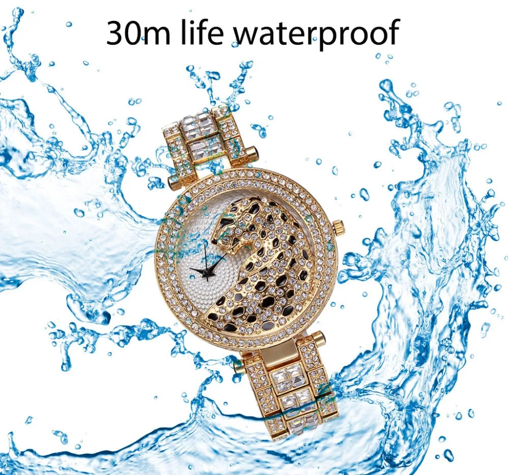 Leopard Print Diamond Watch - Gold Stainless Steel Women's Quartz
