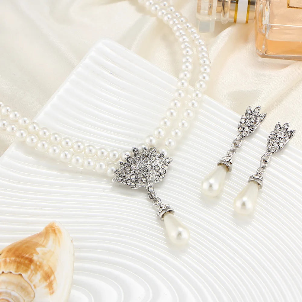 Simulated Pearl Bridal Jewelry Set - Necklace and Earrings