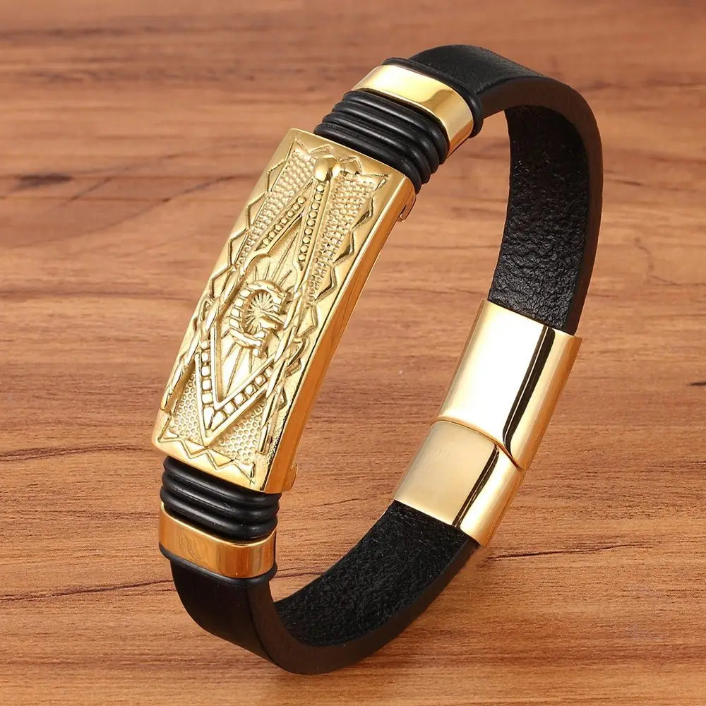 Gold Leather Charm Bracelet - Stainless Steel Geometric Design