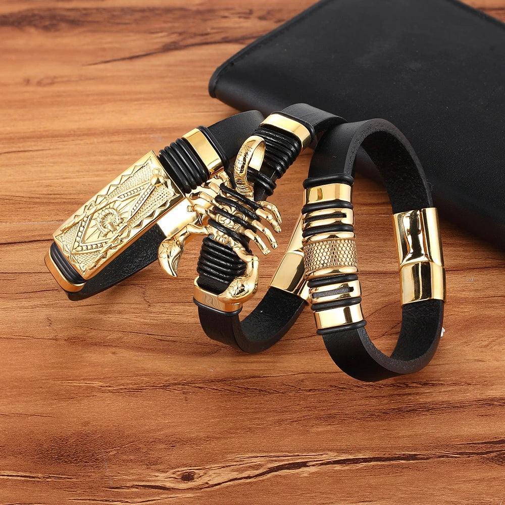 Gold Leather Charm Bracelet - Stainless Steel Geometric Design