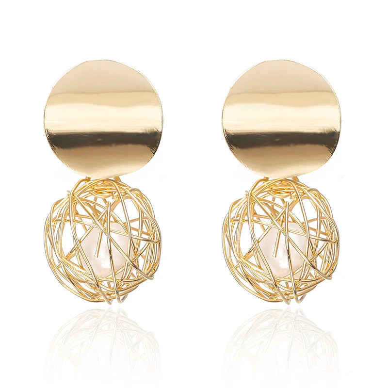 Geometric Woven Ball Pearl Drop Earrings - Gold Tone