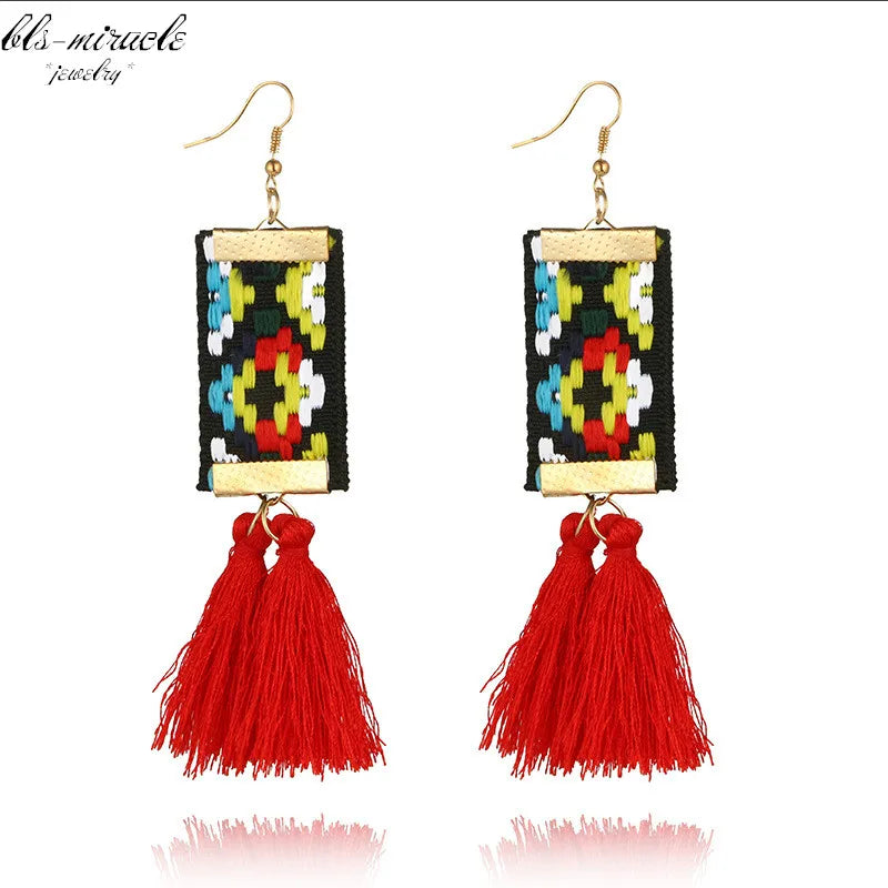 Ethnic Square Drop Earrings - Plant Pattern Design