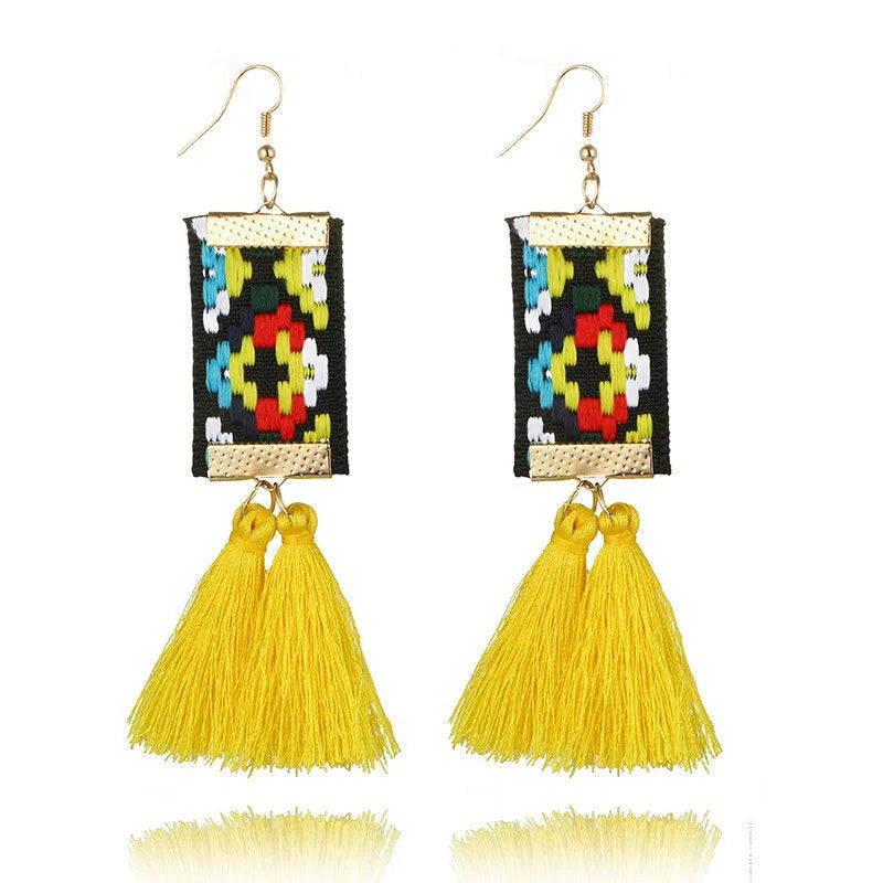 Ethnic Square Drop Earrings - Plant Pattern Design