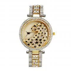 Leopard Print Diamond Watch - Gold Stainless Steel Women's Quartz