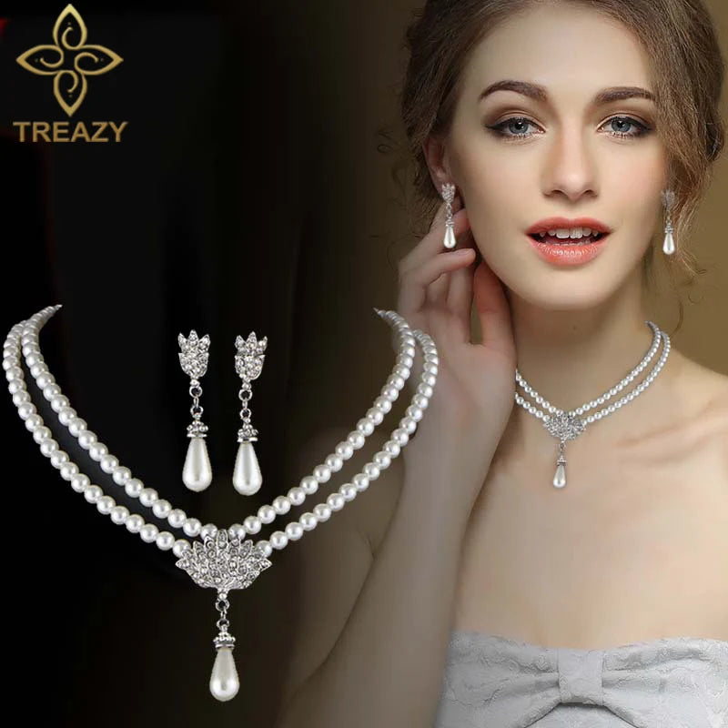 Simulated Pearl Bridal Jewelry Set - Necklace and Earrings