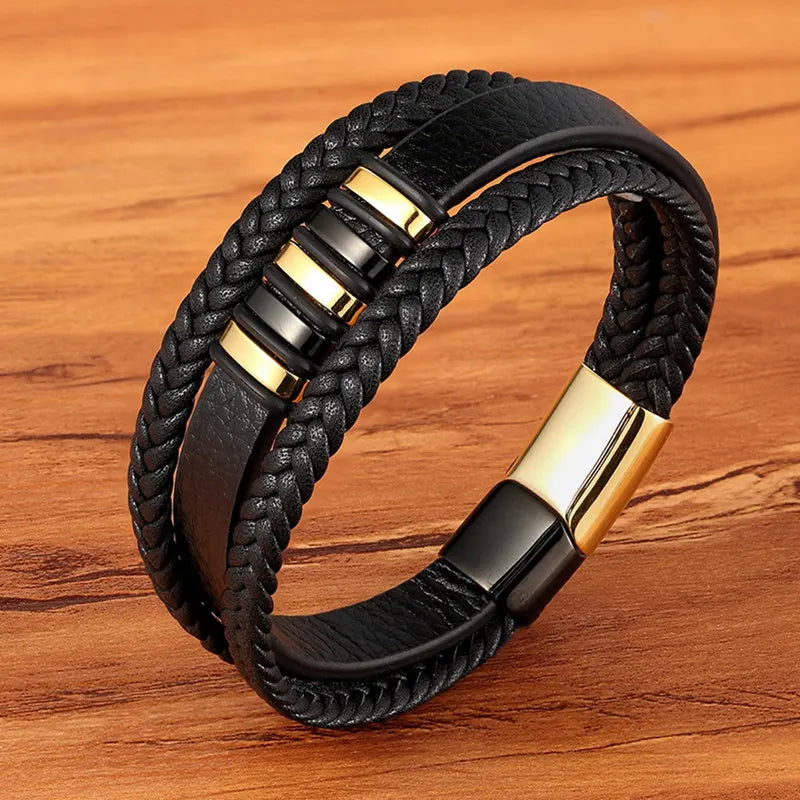 Multilayer Braided Leather Bracelet - Black Genuine Leather