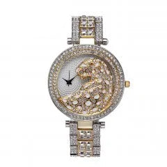 Leopard Print Diamond Watch - Gold Stainless Steel Women's Quartz
