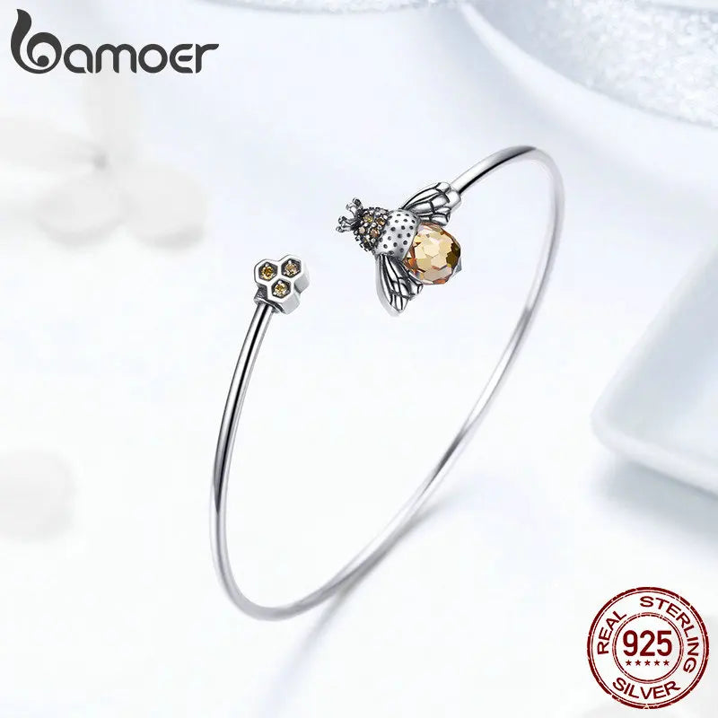Yellow Bee Cuff Bangle - 925 Sterling Silver with Crystal