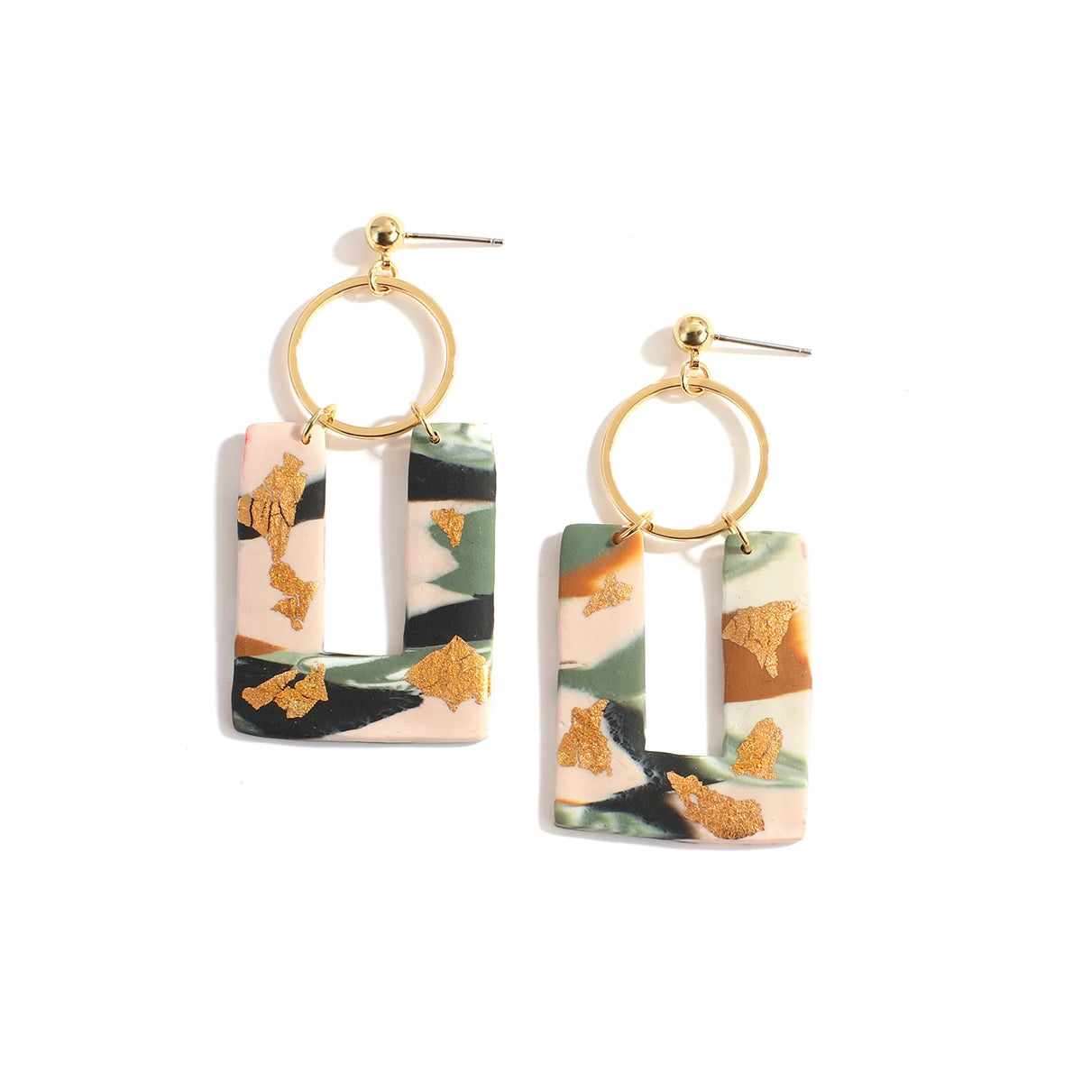 Abstract Polymer Clay Drop Earrings - Gold Foil Geometric Design