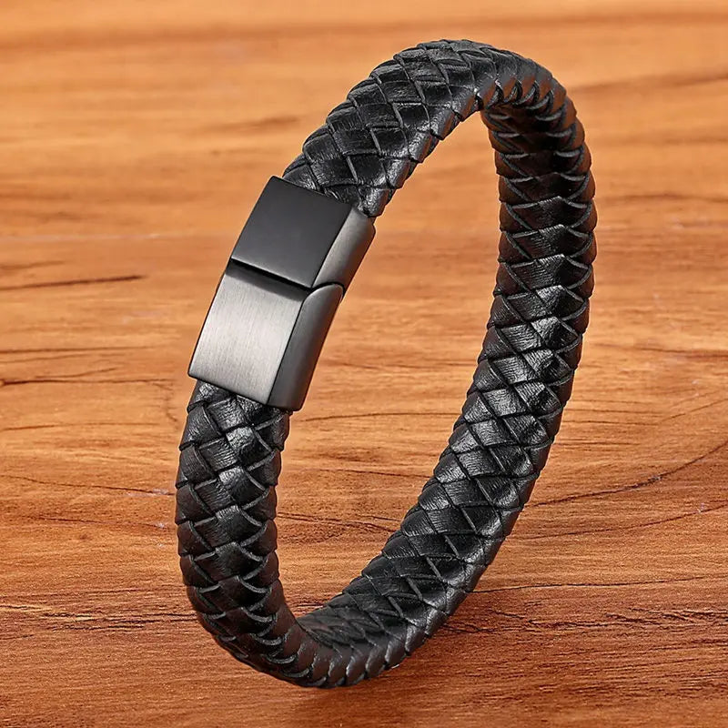 Multilayer Braided Leather Bracelet - Black Genuine Leather