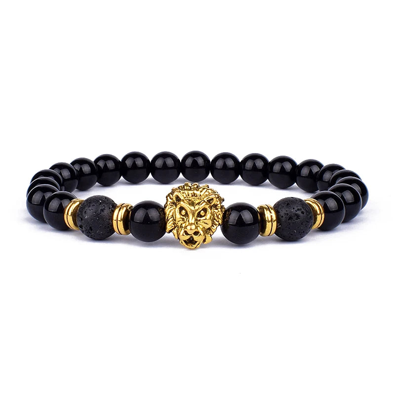 Obsidian Lion Head Beaded Bracelet - Natural Stone Charm
