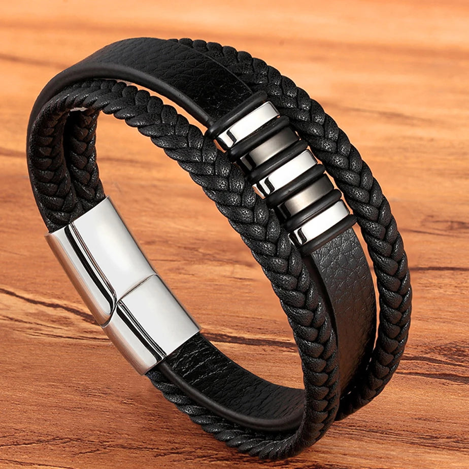 Multilayer Braided Leather Bracelet - Black Genuine Leather