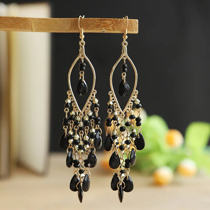 Bohemian Fringed Tassel Drop Earrings - Ethnic Acrylic Design