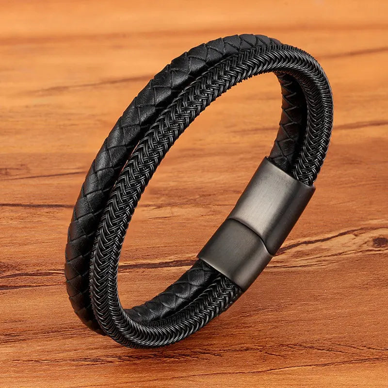 Multilayer Braided Leather Bracelet - Black Genuine Leather