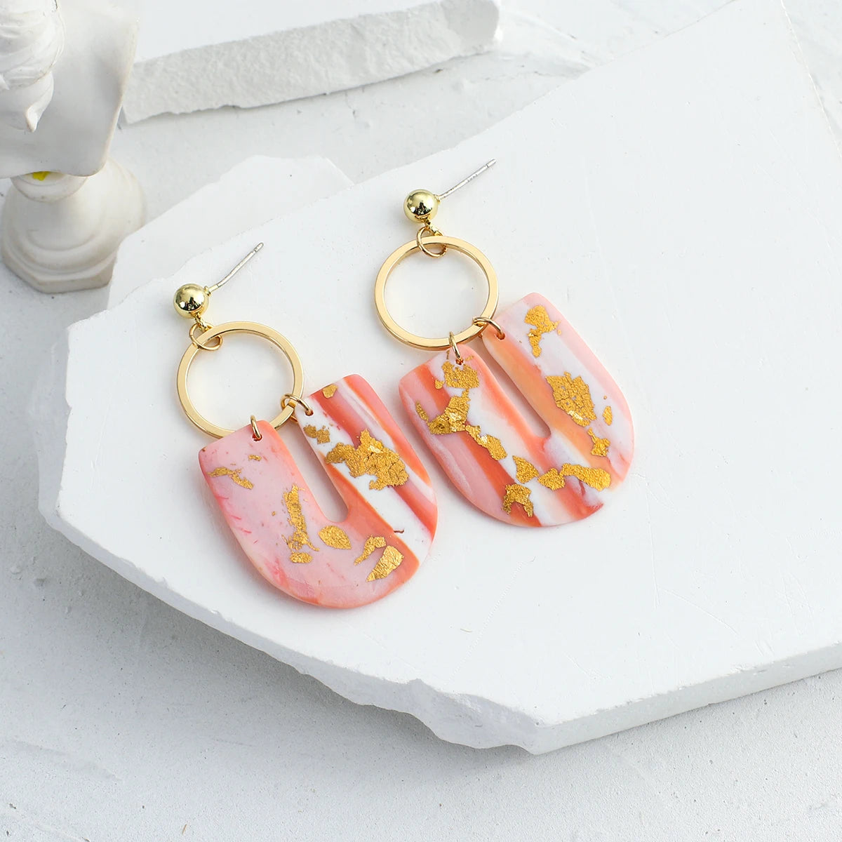 Abstract Polymer Clay Drop Earrings - Gold Foil Geometric Design