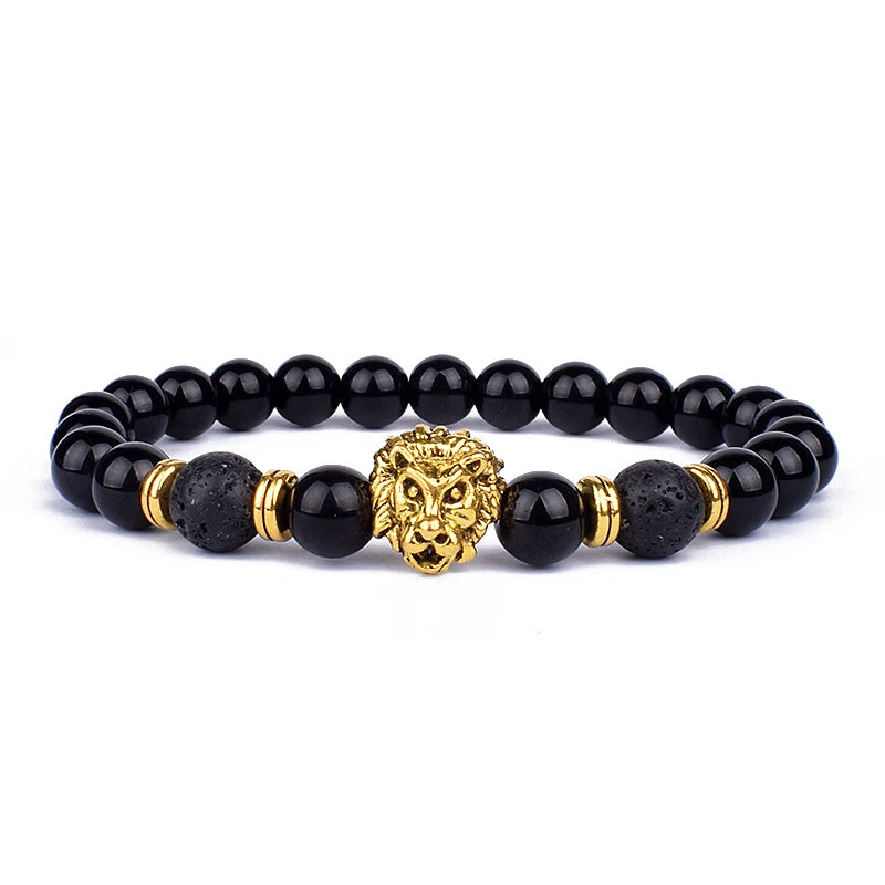 Obsidian Lion Head Beaded Bracelet - Natural Stone Charm