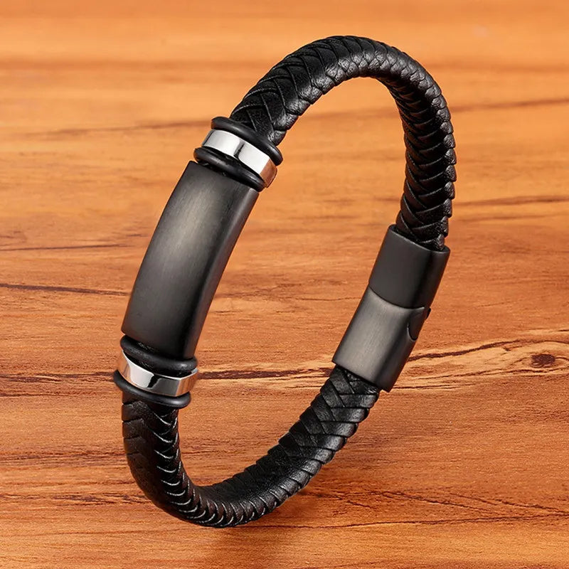 Multilayer Braided Leather Bracelet - Black Genuine Leather