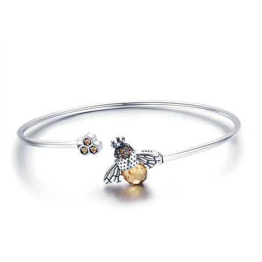 Yellow Bee Cuff Bangle - 925 Sterling Silver with Crystal