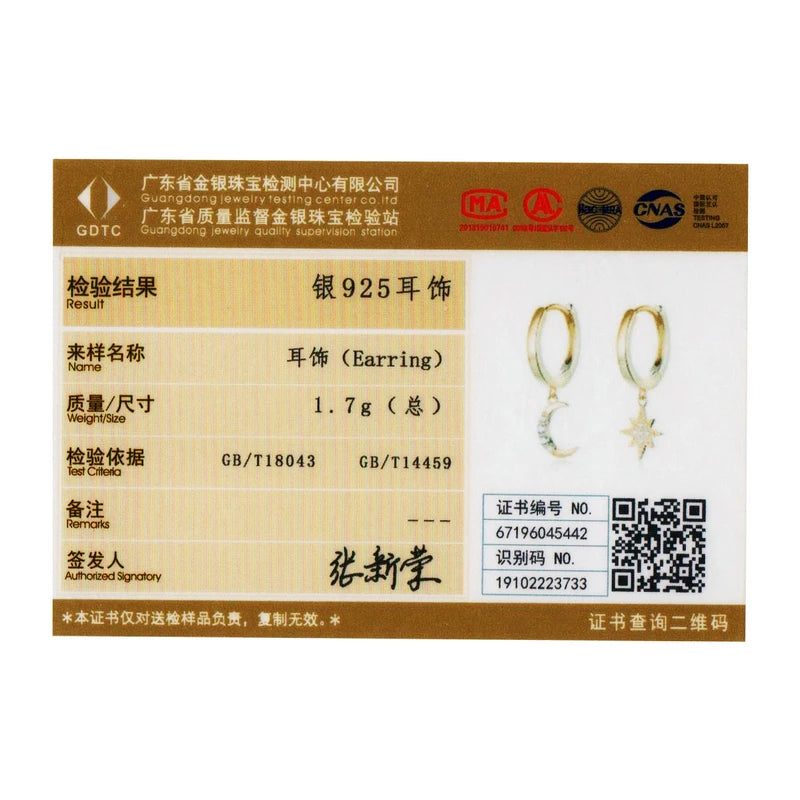 Moon and Star Dangle Earrings - 925 Sterling Silver with Zircon