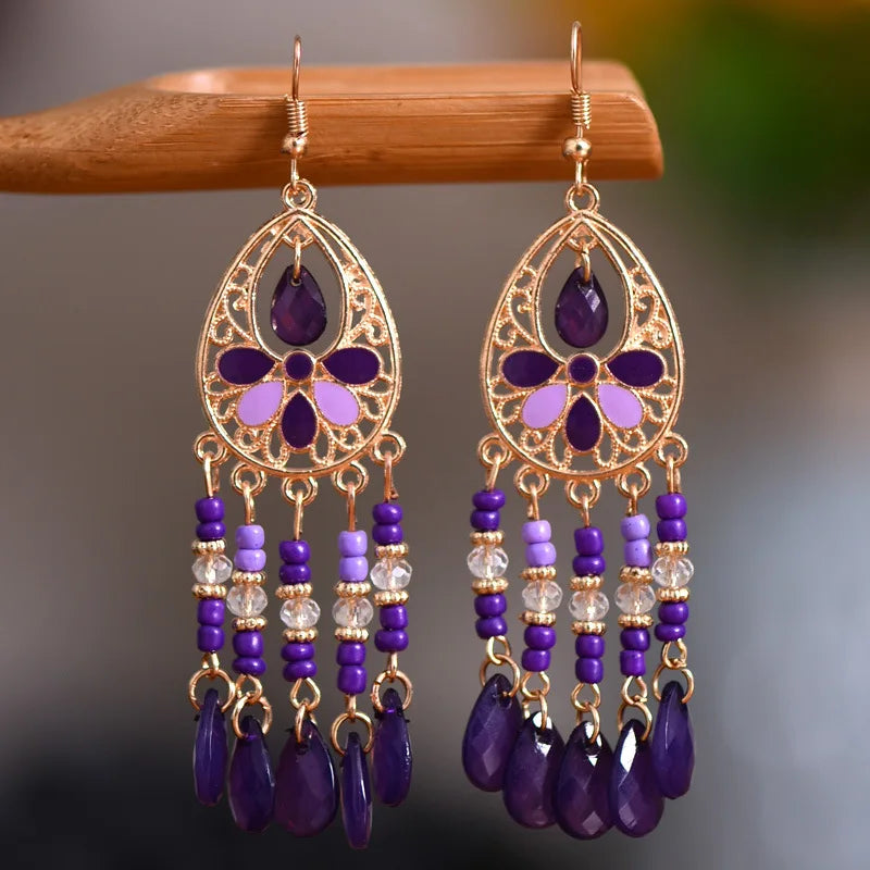 Bohemian Fringed Tassel Drop Earrings - Ethnic Acrylic Design