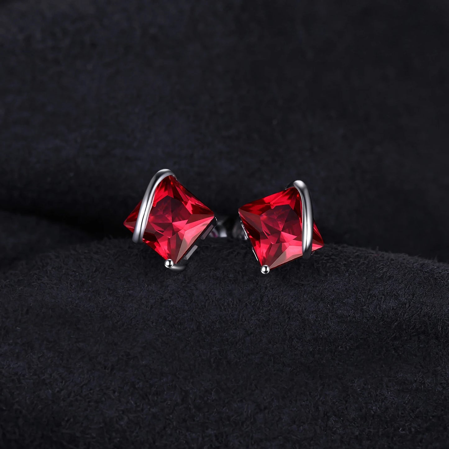 Red Ruby Stud Earrings - 925 Sterling Silver Square Design