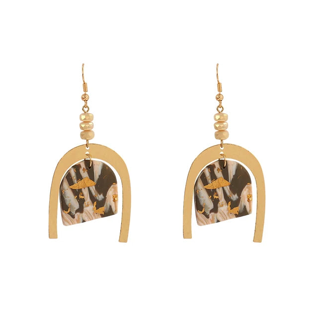 Abstract Polymer Clay Drop Earrings - Gold Foil Geometric Design