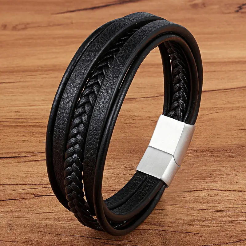 Multilayer Braided Leather Bracelet - Black Genuine Leather