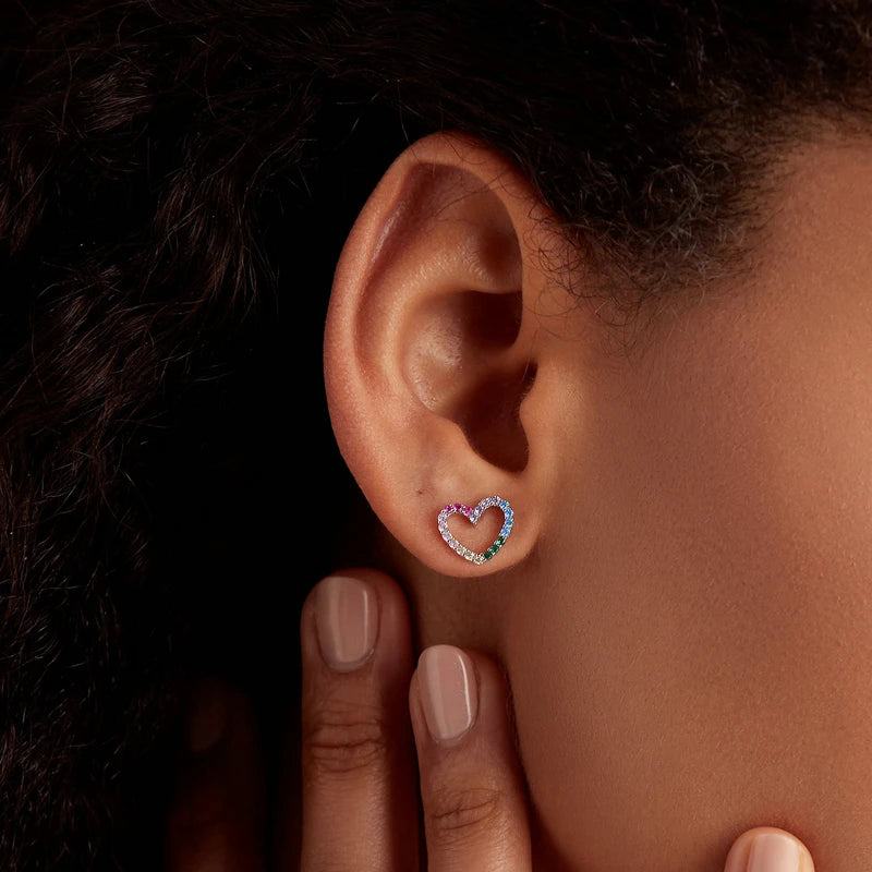 Rainbow Zircon Heart Earrings - 925 Sterling Silver