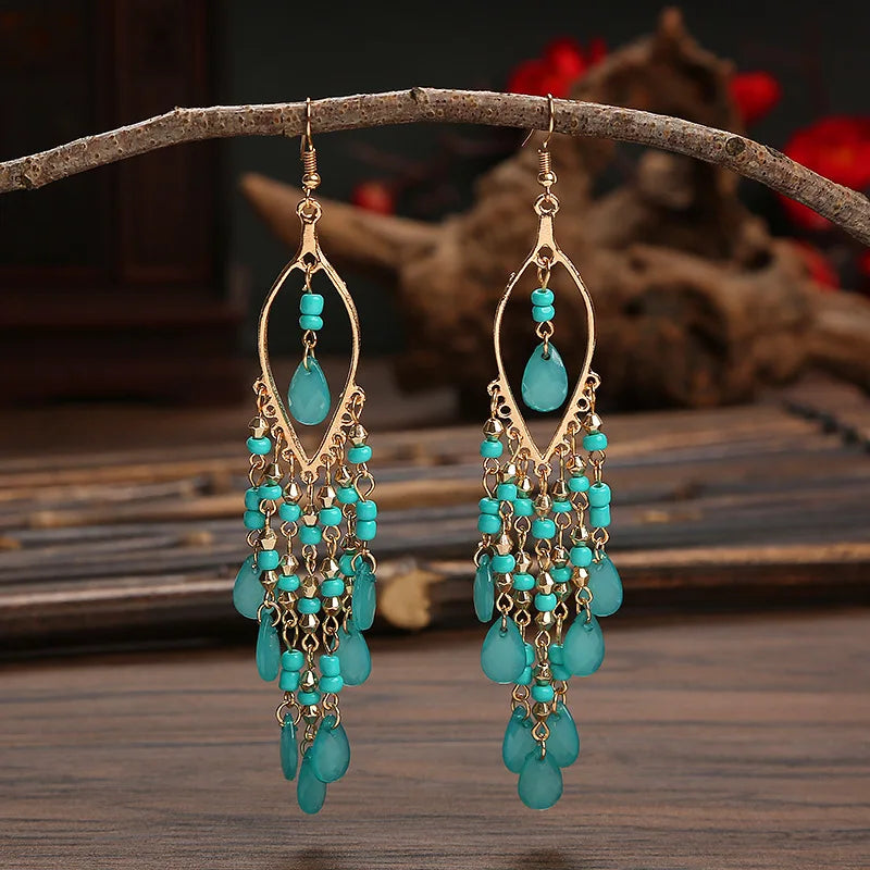 Bohemian Fringed Tassel Drop Earrings - Ethnic Acrylic Design