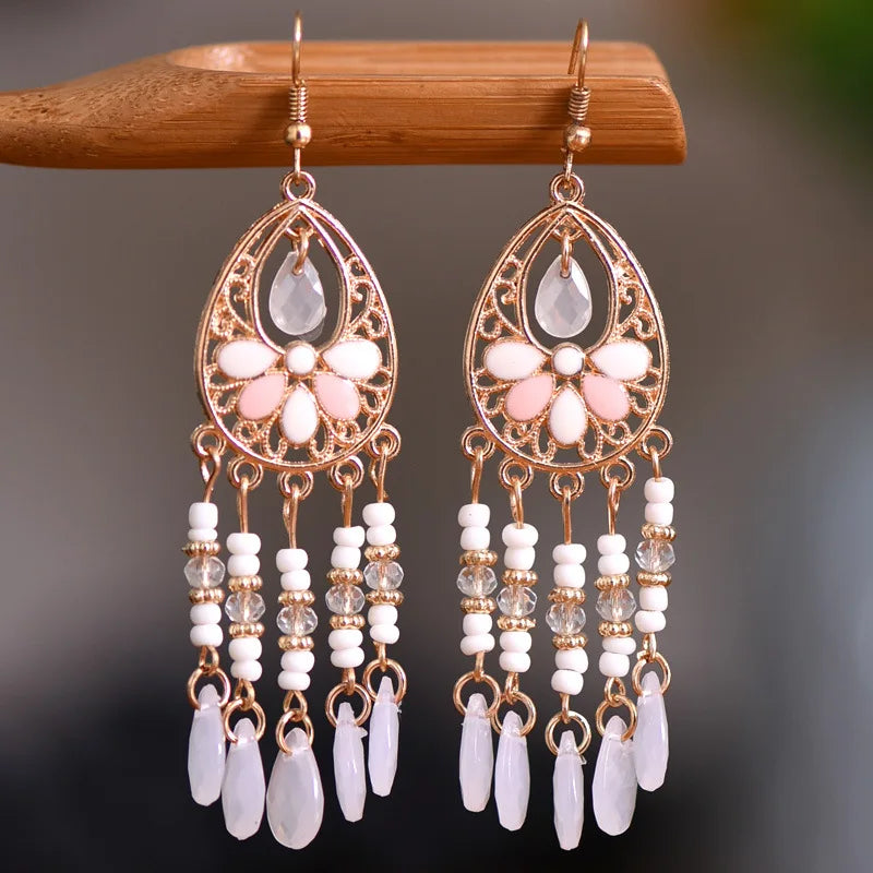 Bohemian Fringed Tassel Drop Earrings - Ethnic Acrylic Design