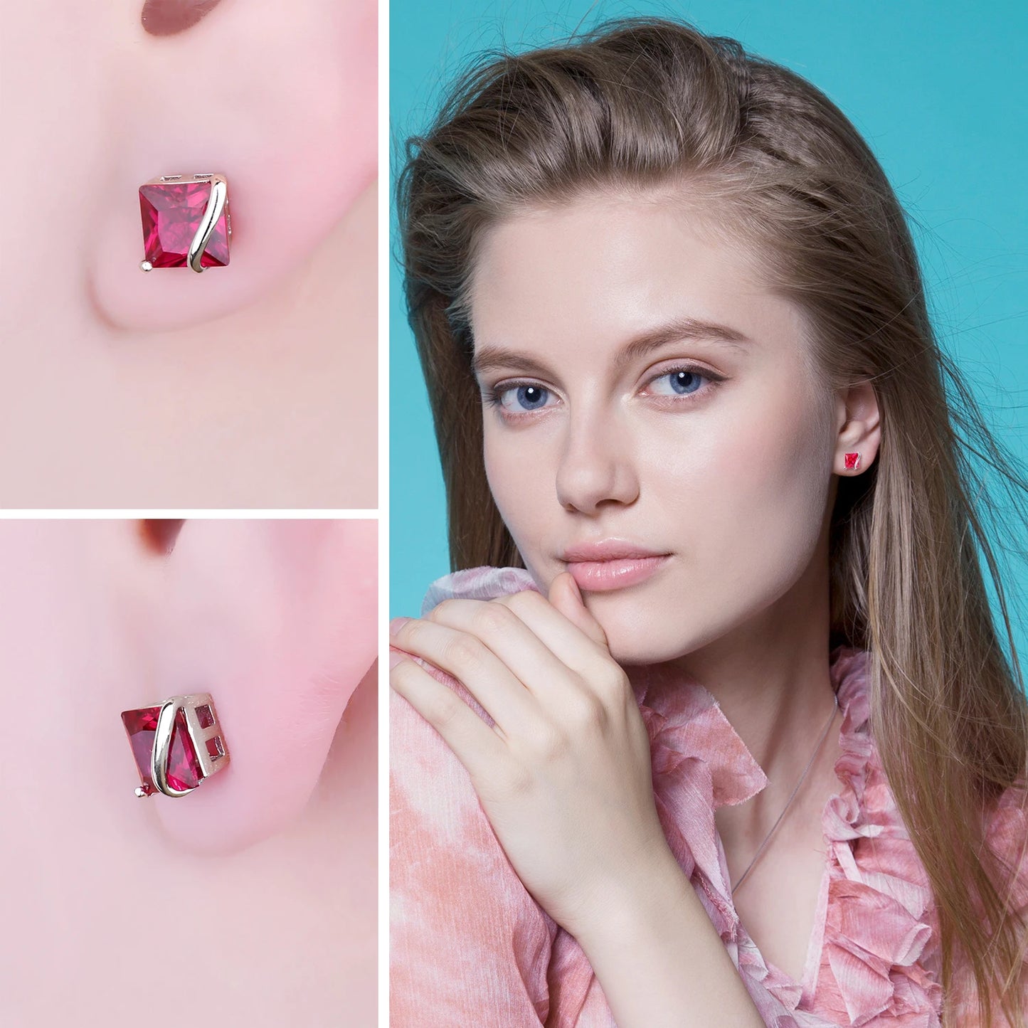 Red Ruby Stud Earrings - 925 Sterling Silver Square Design