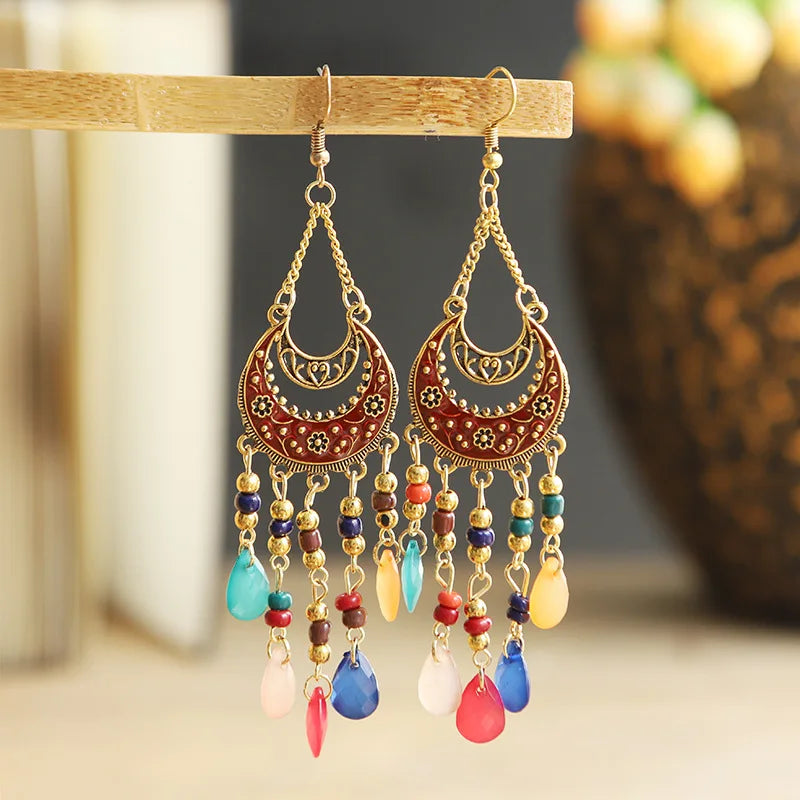 Bohemian Fringed Tassel Drop Earrings - Ethnic Acrylic Design