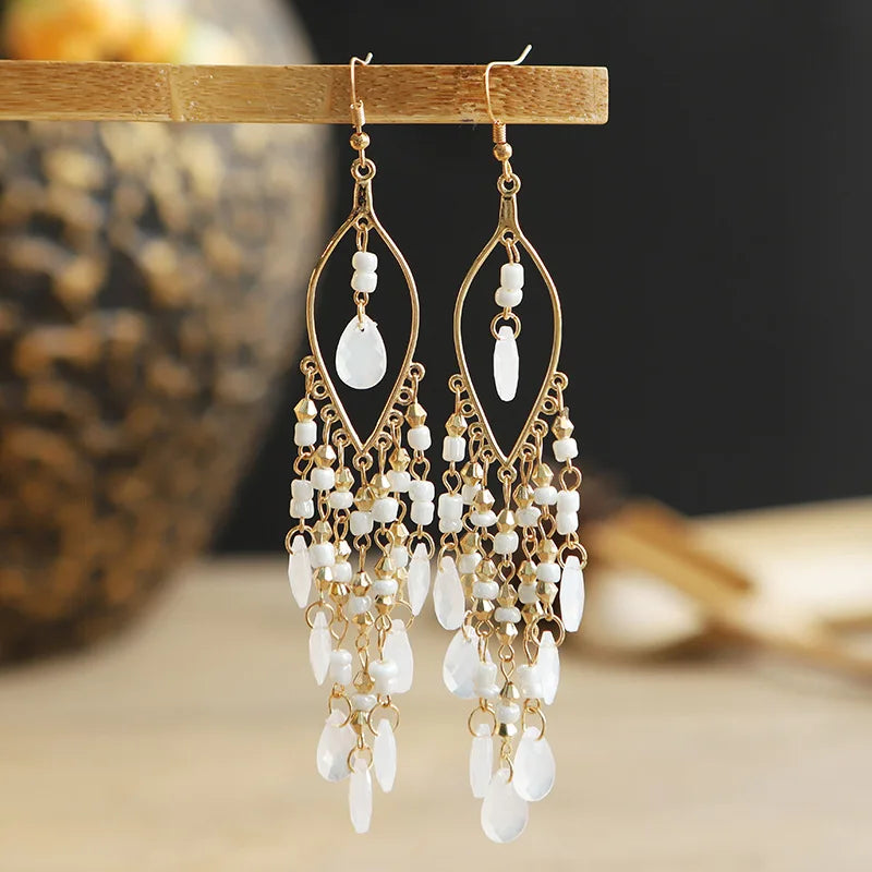 Bohemian Fringed Tassel Drop Earrings - Ethnic Acrylic Design