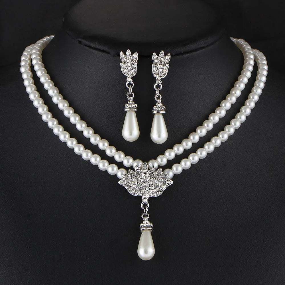 Simulated Pearl Bridal Jewelry Set - Necklace and Earrings