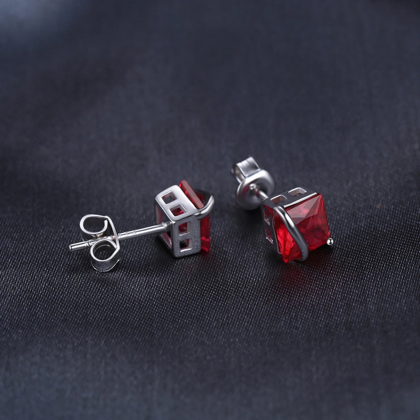 Red Ruby Stud Earrings - 925 Sterling Silver Square Design