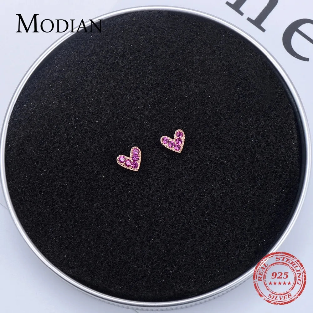 Pink Heart Stud Earrings - 925 Sterling Silver with Zircon