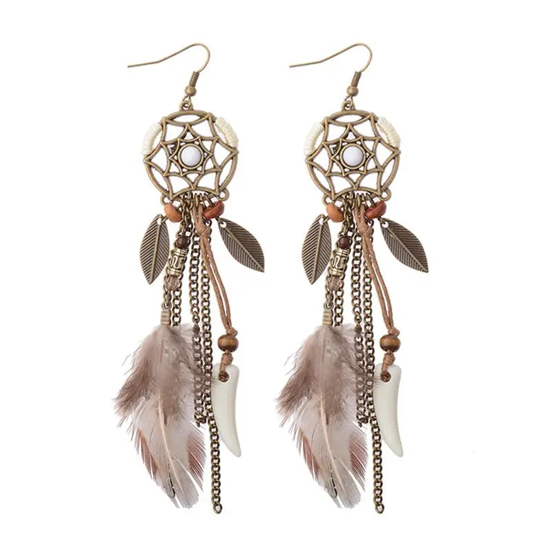 Vintage Bohemian Feather Tassel Earrings - Handmade Ethnic Design