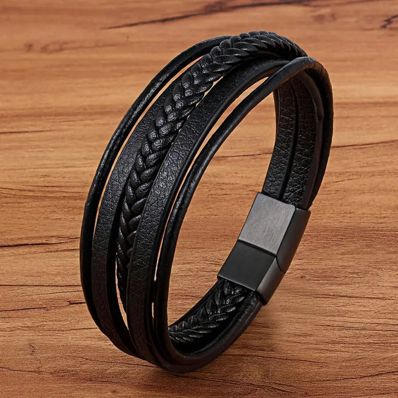 Multilayer Braided Leather Bracelet - Black Genuine Leather