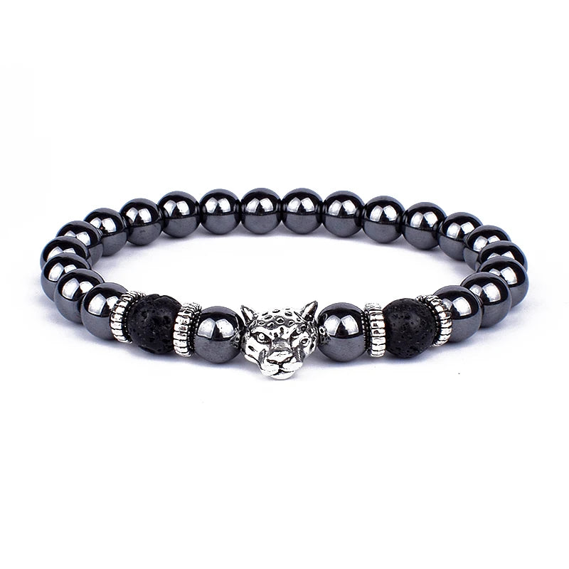 Obsidian Lion Head Beaded Bracelet - Natural Stone Charm