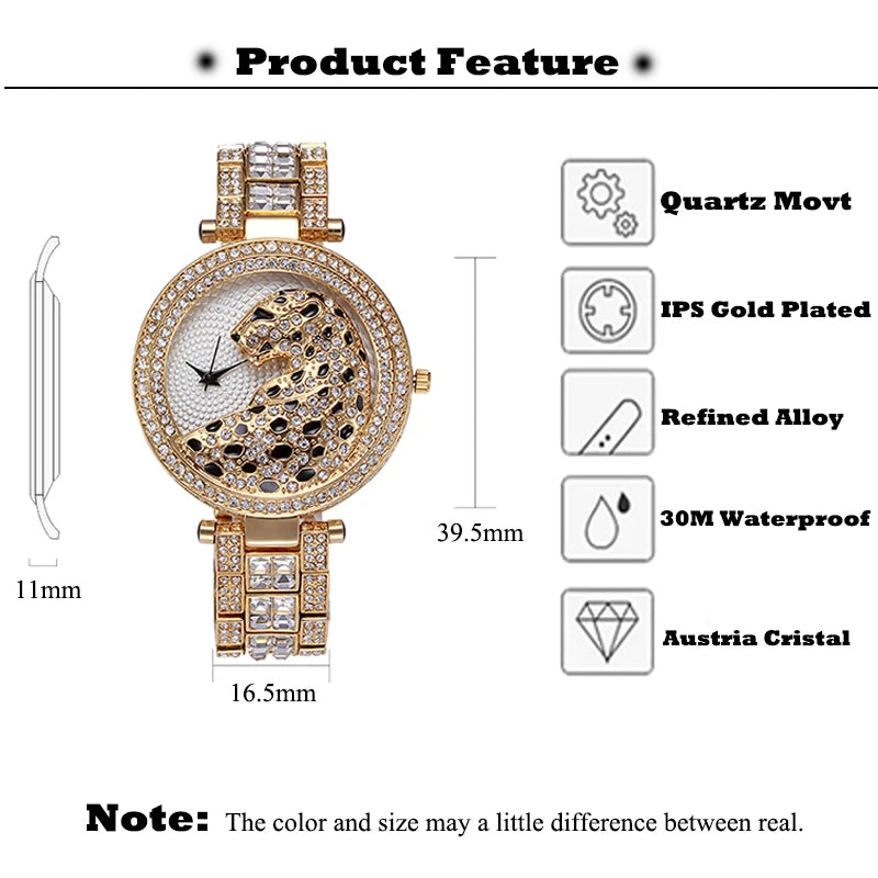 Leopard Print Diamond Watch - Gold Stainless Steel Women's Quartz