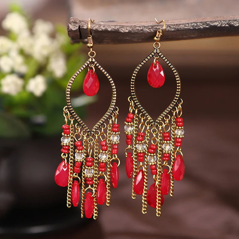 Bohemian Fringed Tassel Drop Earrings - Ethnic Acrylic Design